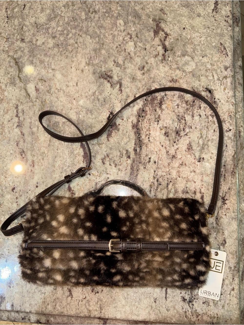 Urban Expressions Spotted Faux Fur Crossbody Bag in Brown and Cream